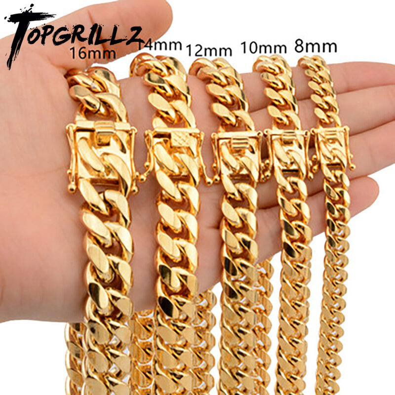 TOPGRILLZ Perhiasan Mode Hip Hop Kancing Keran Rantai Kuba Warna Emas Baja Tahan Karat untuk Hadiah 6MM/10MM/12MM/14MM/16MM