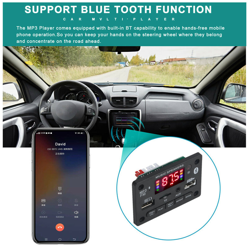 Aruimei Microfoon Handsfree 5V-12V Bluetooth5.0 MP3 Decodering Board Module Draadloze Auto Usb MP3 Speler Tf Card slot/Usb/Fm