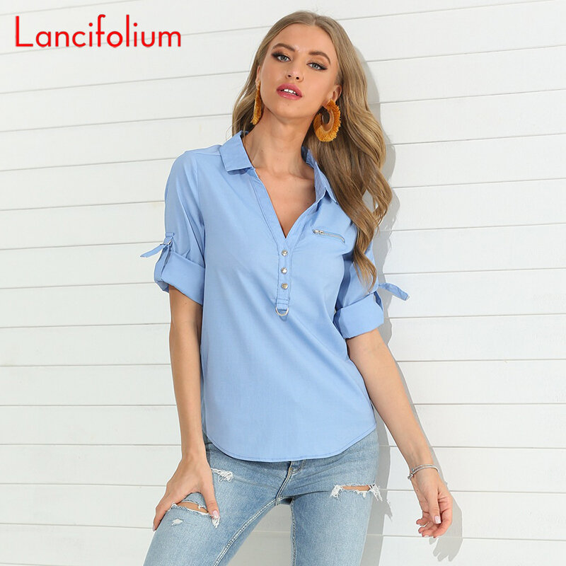 V Neck Tunic Chemise Femme Women Button Half Sleeve Office Blouse Ladies 2020 Spring Summer Shirt Vintage Top Blue White Blouse