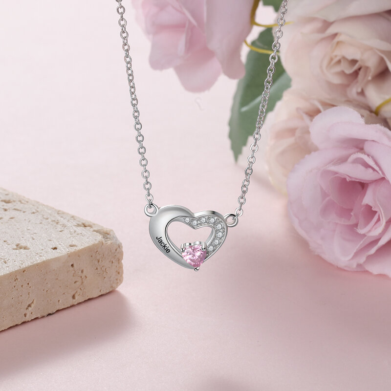 JewelOra Angepasst Graviert Name Halskette mit Herz Birthstone Personalisierte Mütter Anhänger Halsketten Geburtstag Geschenk für Frau