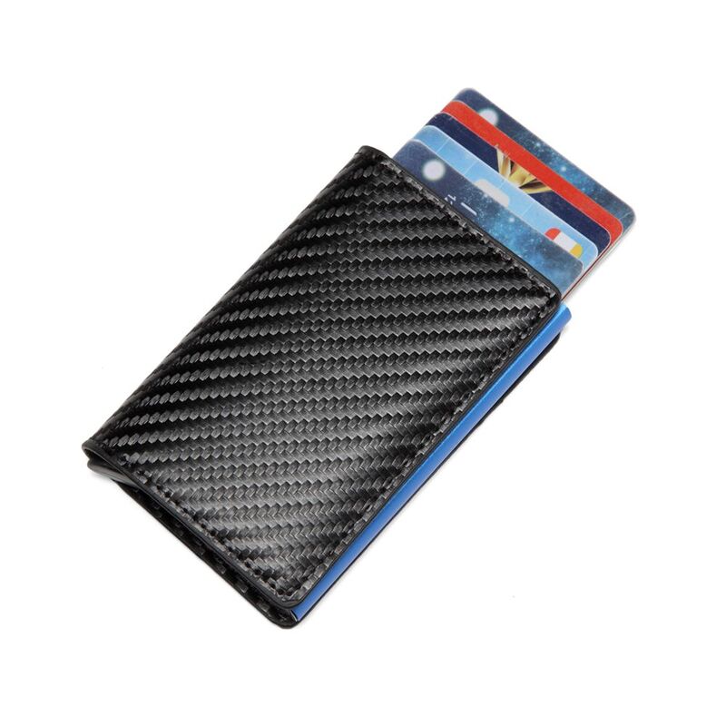 Porta tarjetas de crédito automático para hombre, billetera de cuero de fibra de carbono, Mini billetera de aluminio con bolsillo trasero, tarjetero de identificación, monedero de bloqueo RFID