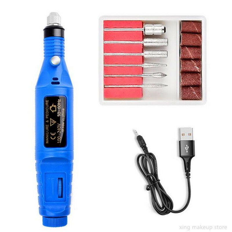 USB Charging 1 Set Electric Nail Drill Machine Kit Manicure Machine Pedicure 6 Bits Sanding Buffer Nail File Nail Art Pen 20#