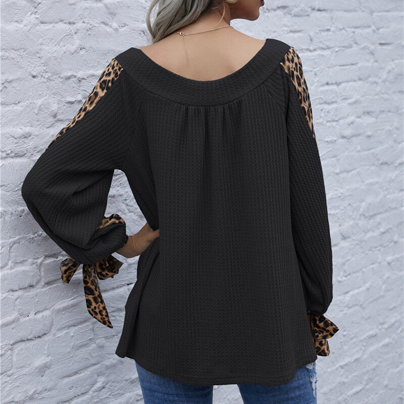 2021 frühling Herbst Neue Strick Stitching Spitze-Up Hemd Top Fashion Sexy V-ausschnitt Langarm Leopard Patchwork Frauen Hemd bluse