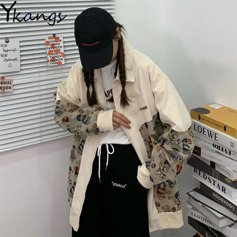 Chaqueta con estampado de dibujos animados Kawaii para mujer, chaqueta holgada con solapa de estilo coreano, estilo Harajuku, con cremallera, novedad