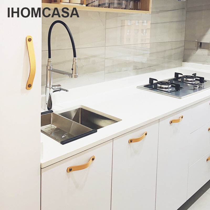 Nordic Style Leather Cabinet Handles For Furniture Cupboard Closet Wardrobe Kitchen Knobs Vintage Drawer Door Pulls IHOMCASA
