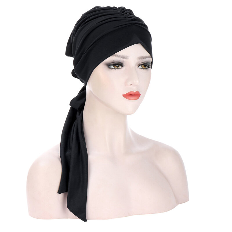 Topi Turban wanita Muslim, aksesoris rambut berlapis, syal kepala pre-tie, topi beanie Kemo kanker, topi Turban keriput padat, melar