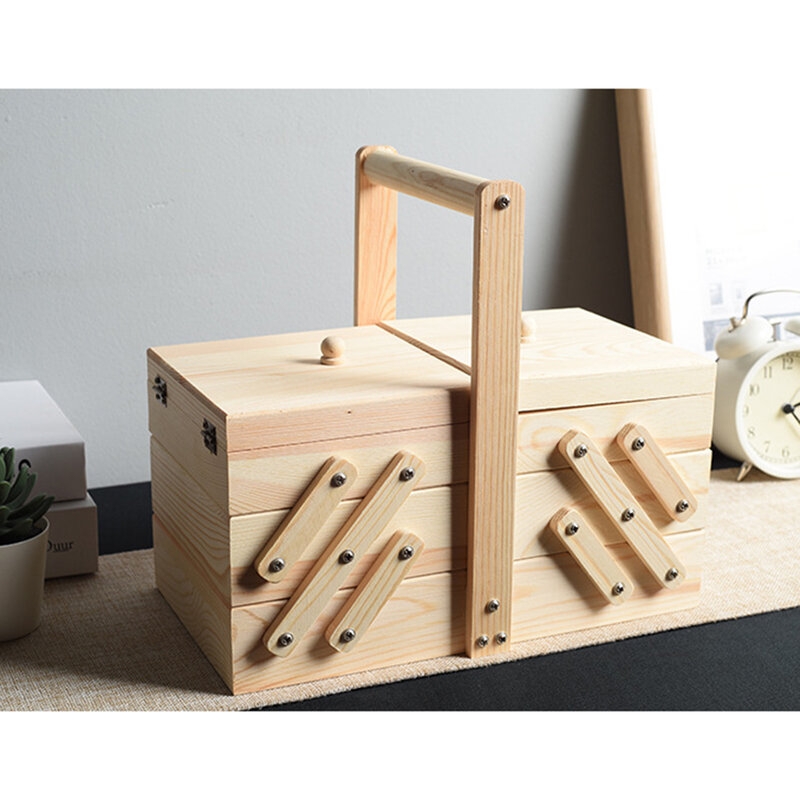 Retro Wooden Sewing Basket Sew Kits Storage Box Natural Desk Table Decor Vintage Organize Box for Grandma Girl Gift