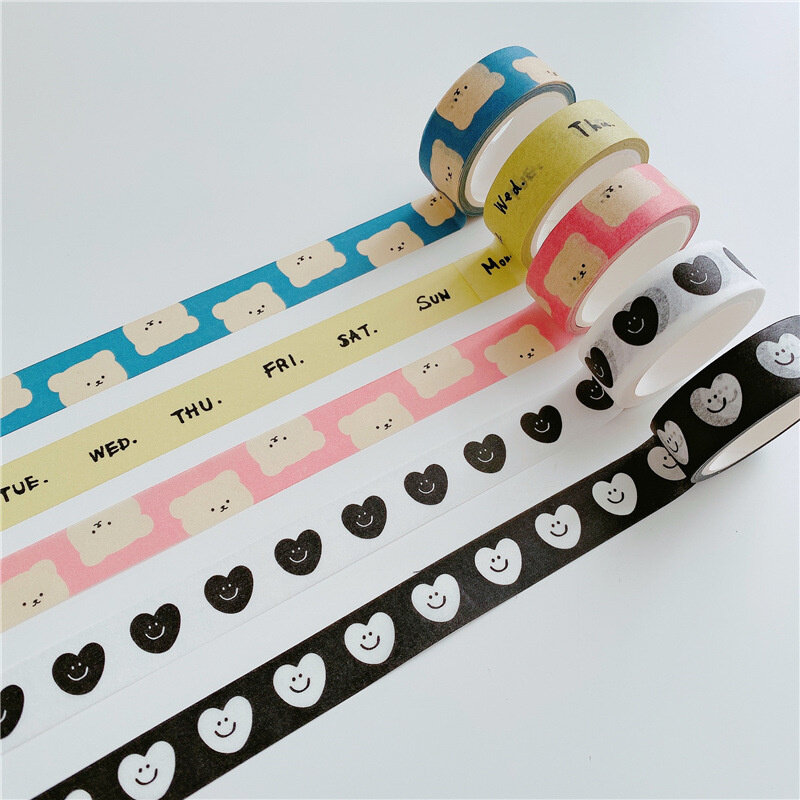 Cinta adhesiva decorativa con forma de corazón de amor, cinta Washi de bricolaje, etiqueta adhesiva para álbum de recortes, papelería japonesa, color blanco y negro