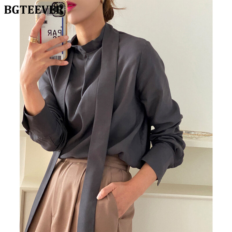 BGTEEVER-Blusa de manga larga holgada para mujer, camisa elegante con cuello de lazo para oficina, Primavera, 2021
