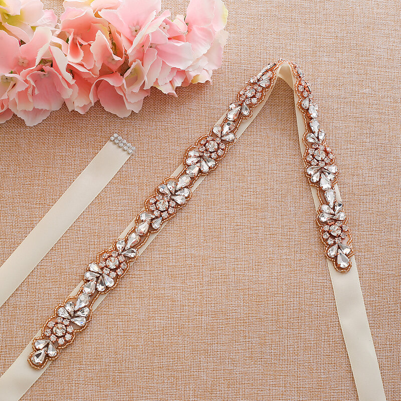 SESTHFAR-cinturón nupcial con diamantes de imitación de oro rosa, faja de boda de cristal, elegante, accesorios nupciales