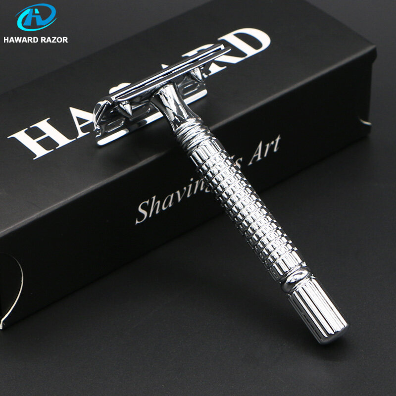Haward masculino dupla borda navalha de segurança clássico barbear lâmina aço inoxidável metal manual depilação shaver 10 lâminas