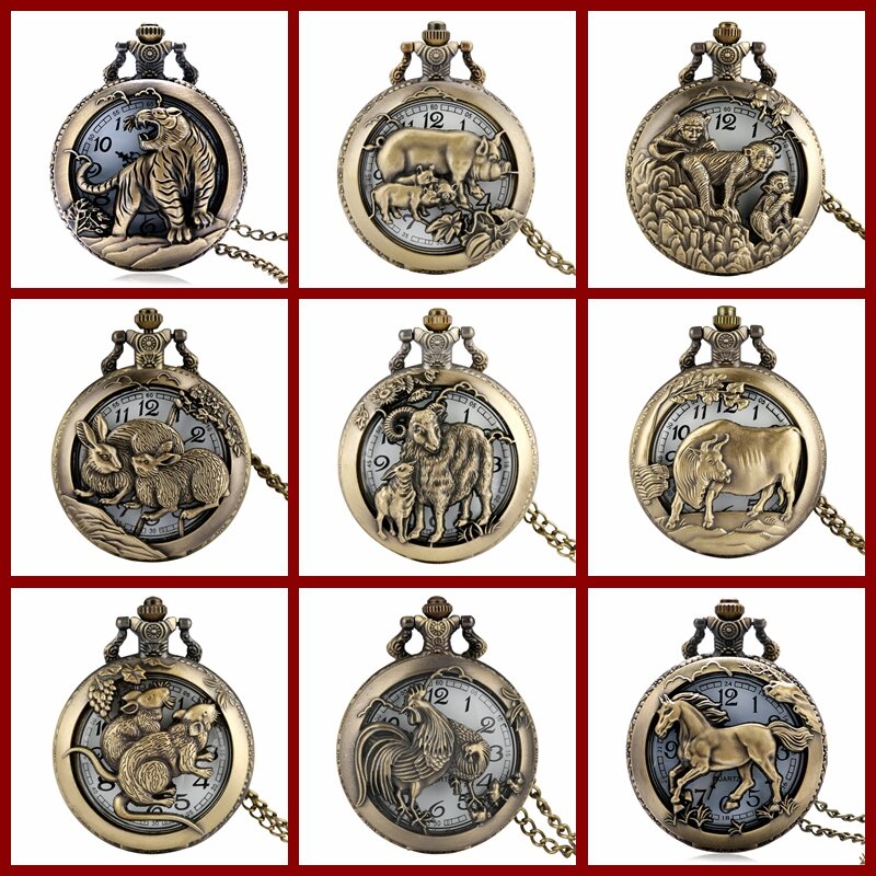 Montre de Poche du Zodiaque Chinois en Bronze Rétro, Pendentif, Animal, Collier Creux, JOArt, Cadeaux de Collection, Commémoratif, Antique
