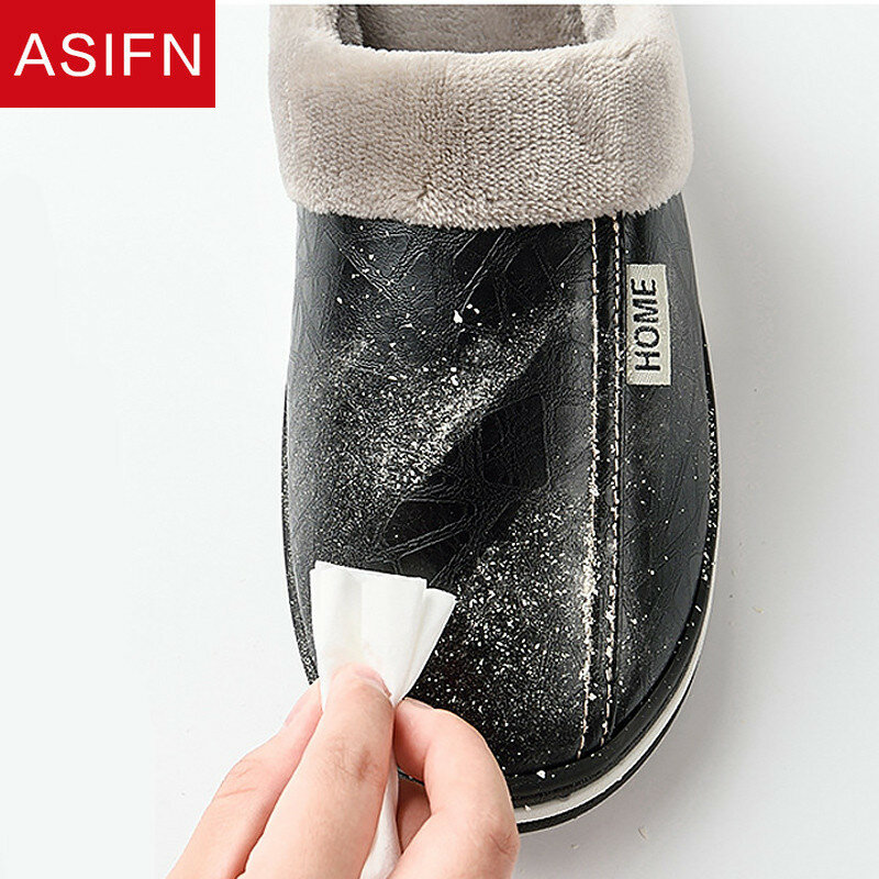 ASIFN Men Slippers Indoor PU Leather Winter Waterproof Warm Home Fur Women Slippers Male Couple Platform Fluffy Big Sizes Shoes