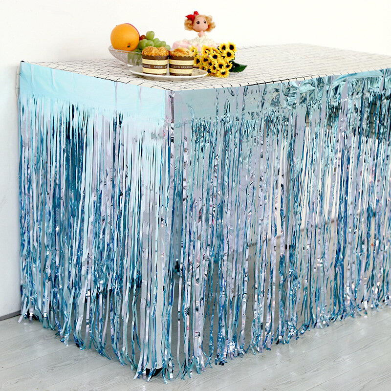 275x75 cm Hawaii Party Decoration Table Skirt Foil Fringe Metallic Tinsel Table Skirt For Wedding Birthday Party Decoration