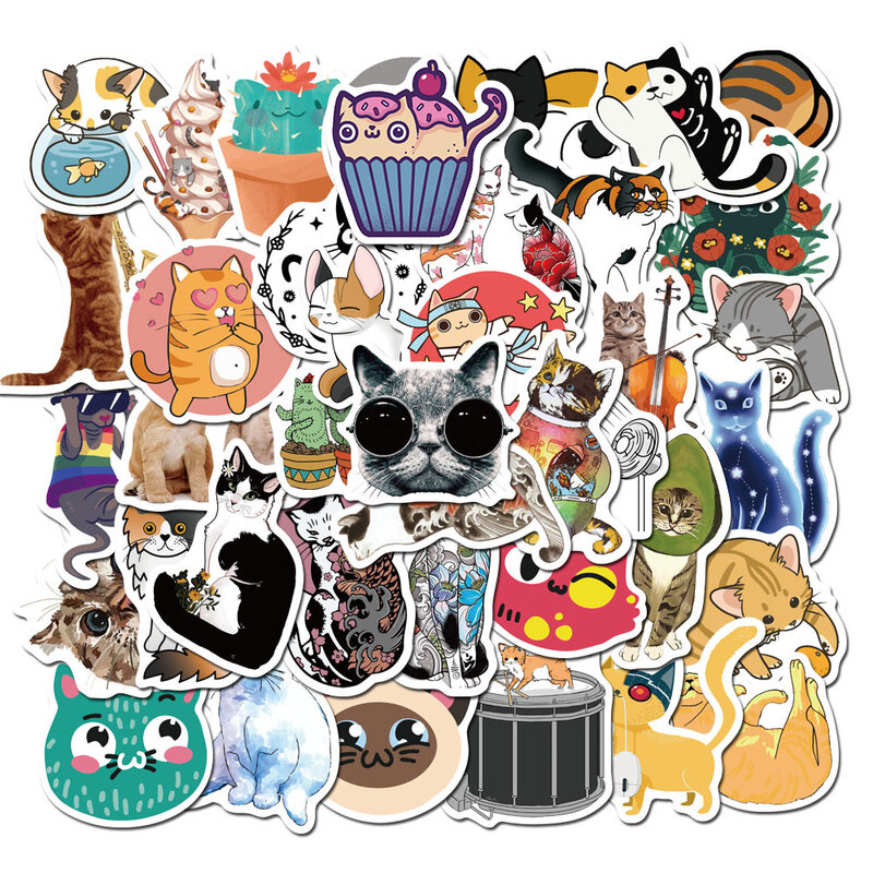 50pcs/set Cartoon Cute Cat Stickers Waterproof Luggage Laptop Doodle Cat Stickers Kids Teens Adults Water Bottle Skateboard
