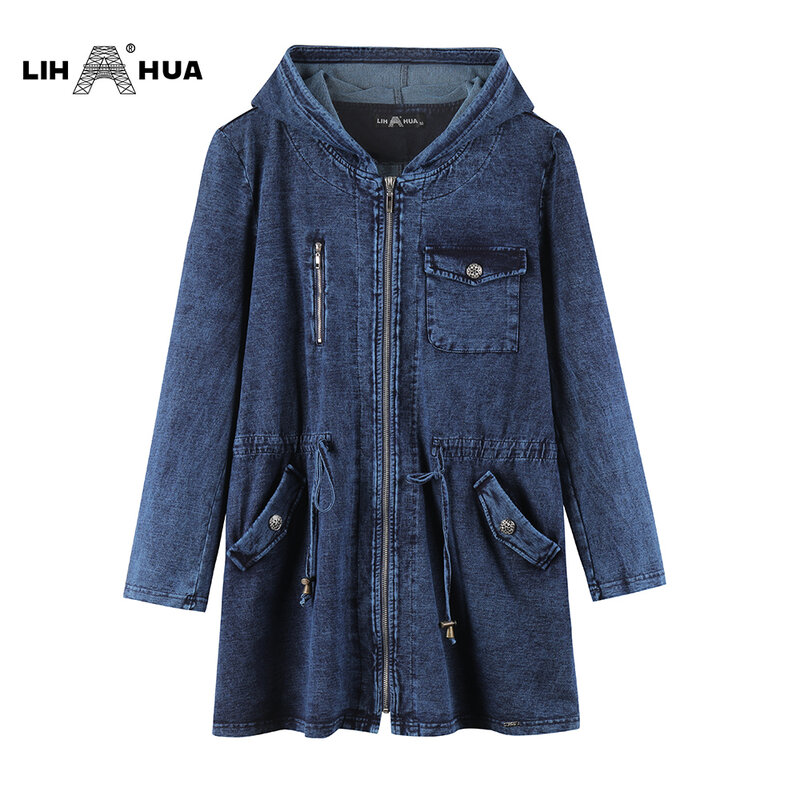 LIH HUA Women's Plus Size Denim Jacket  Casual Long Style for Woman Premium Stretch Cotton Knitted  Denim Chaquetas