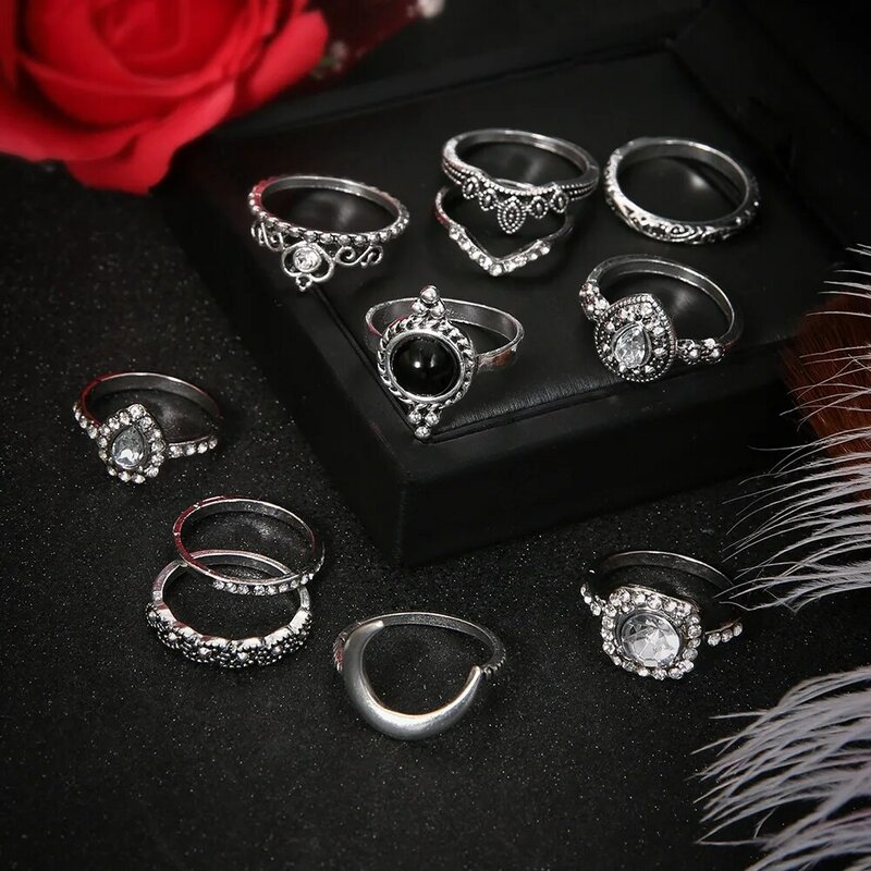 Set Cincin Sendi Jari Kristal Wanita Antik untuk Anak Perempuan Hadiah Perhiasan Mode Cincin Bohemian Pesona Bulan