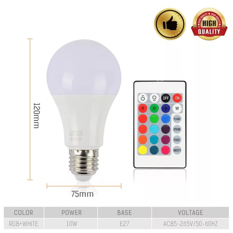 110V 220V E27 16 สี RGB หลอดไฟ LED 10W RGB เปลี่ยนสีตัวแปรอินฟราเรดที่มีสีสัน RGBW LED รีโมทคอนโทรลอินฟราเรด