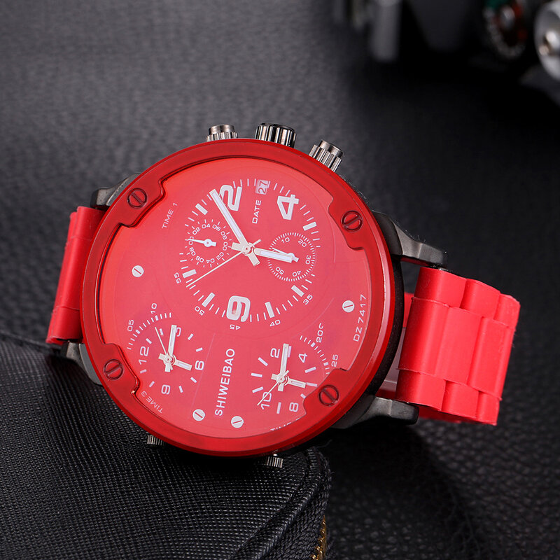 52mm Big Case Watch mężczyźni 3 strefy czasowe Chronograph wodoodporne sportowe męskie zegarki kwarcowe stal silikonowa wojskowy Relogio Masculino