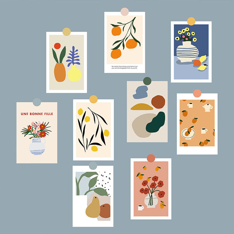Ins-ilustración nórdica dibujada a mano, postal artística, florero de naturaleza muerta, tarjeta decorativa, pegatina de pared Diy, 9 hojas, accesorios para fotos