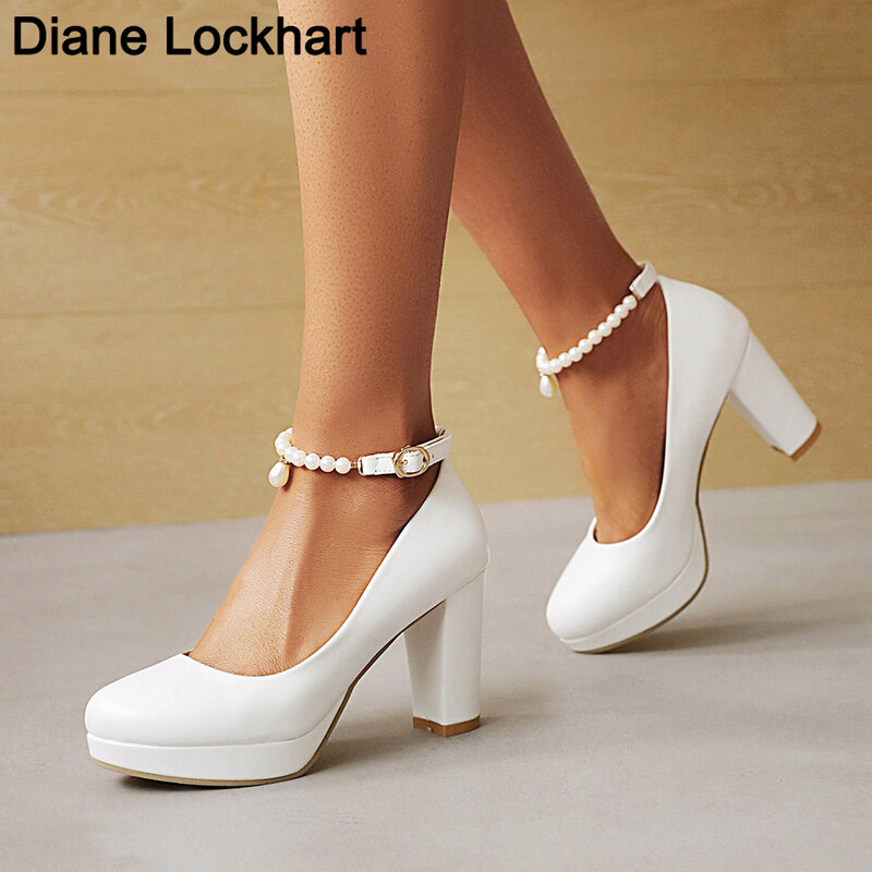 Block Heel shoes White Wedding Shoes Women Pearl Chain Pumps Platform high heels Ankle strap Ladies Office Party Dance Shoes 33
