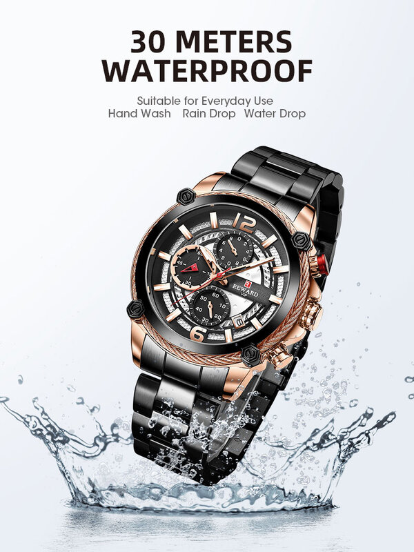 REWARD moda masculina relógios de luxo relógio esporte casual negócio à prova dwaterproof água relógio de pulso para relógio de quartzo masculino