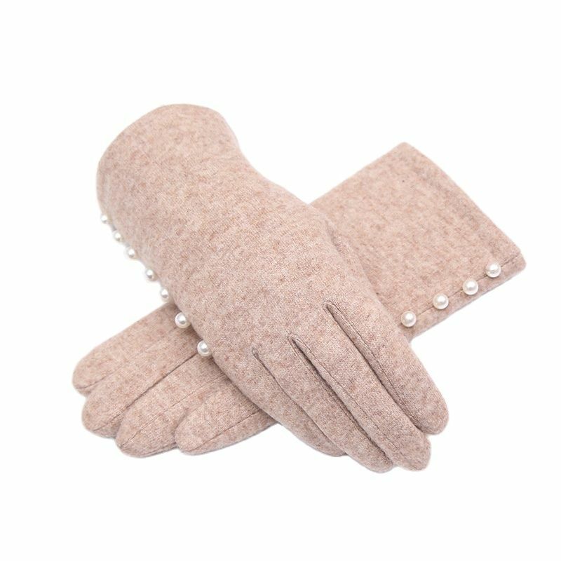 Новинка, женские зимние теплые шерстяные вязаные перчатки для сенсорных экранов, элегантные модные женские утепленные уличные перчатки с бархатной подкладкой и жемчугом