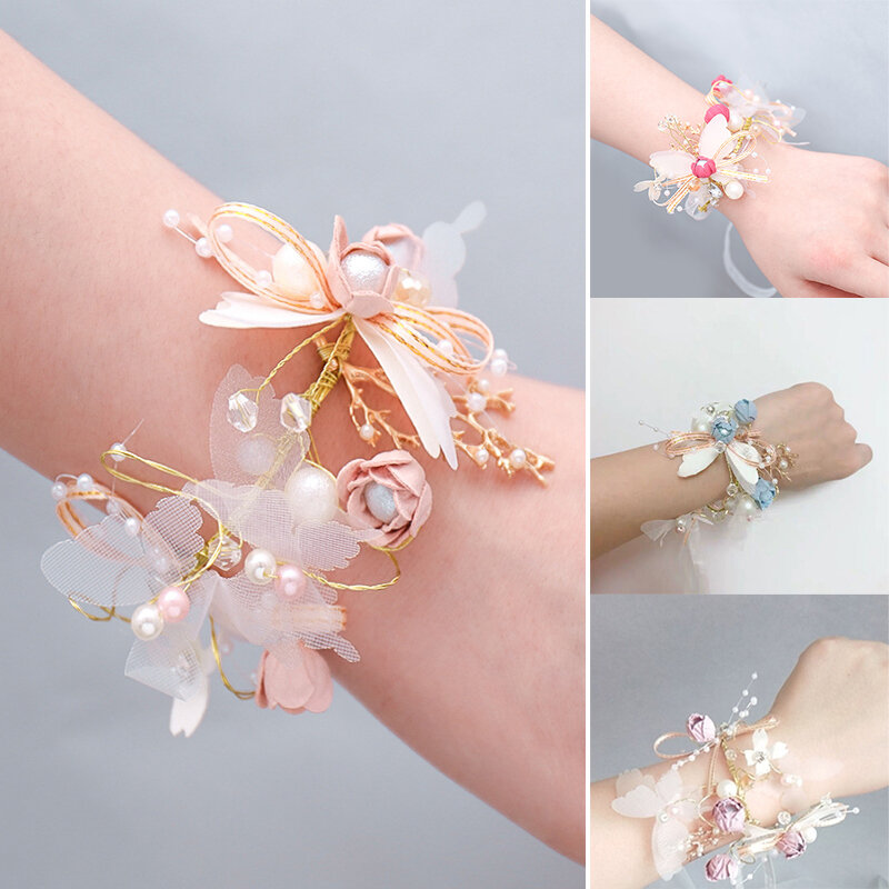 Handmade Crystal Pearls Wrist Flower Bracelet para meninas, flor do pulso, acessórios do casamento da dama de honra