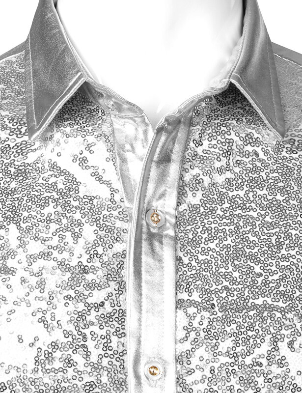 Camisa glitter de lantejoulas prateada metálica para homens, 70, festa discoteca, fantasia de Halloween, camisa masculina de performance de palco, nova, 2023