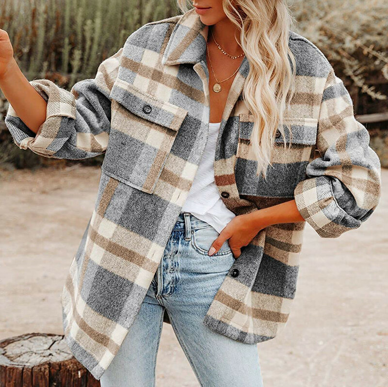 Women's Vintage Brushed Plaid Shirts Long Sleeve Flannel Lapel Button Down Pocketed Shacket Flannel Jacket Coats Winter spring
