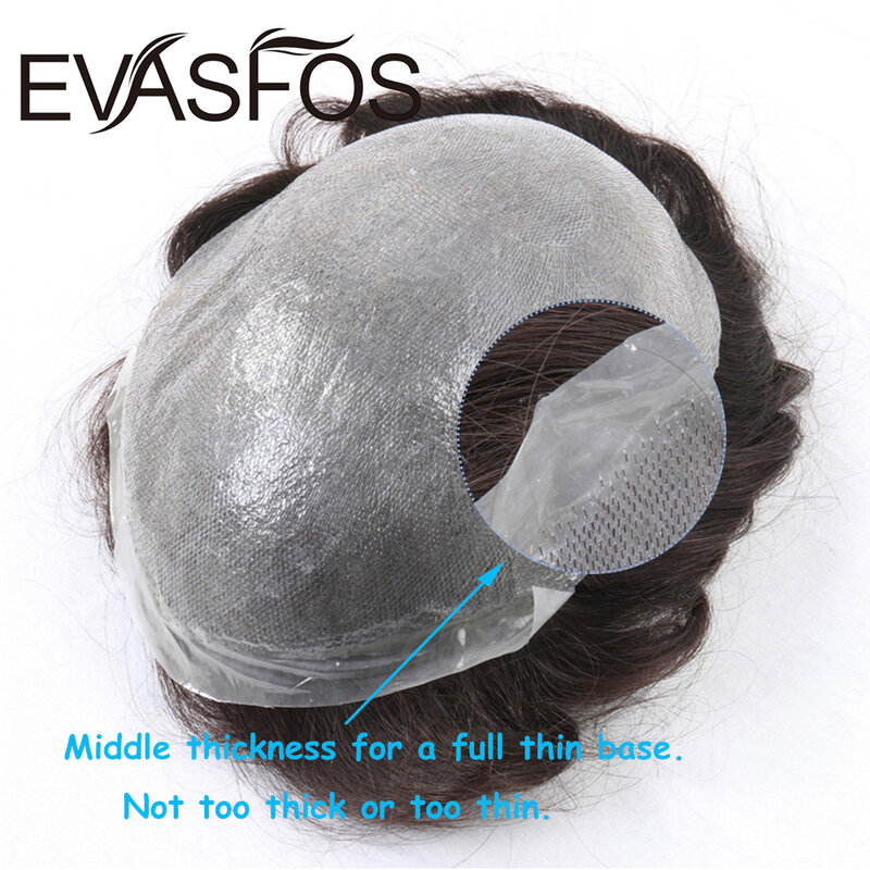 EVASFOS 남성용 천연 가발, 전체 PU 모세관 보형물, 유럽 인모, 투명 토피, 남성 헤어 교체 시스템