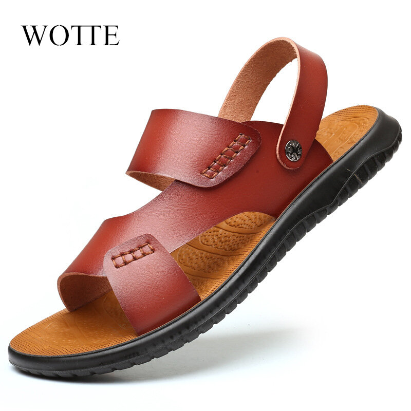 WOTTE-남성 샌들, 편안한 남성 여름 신발, 가죽 샌들, 큰 사이즈 부드러운 샌들, 남성 로마 편안한 남성 신발 신발