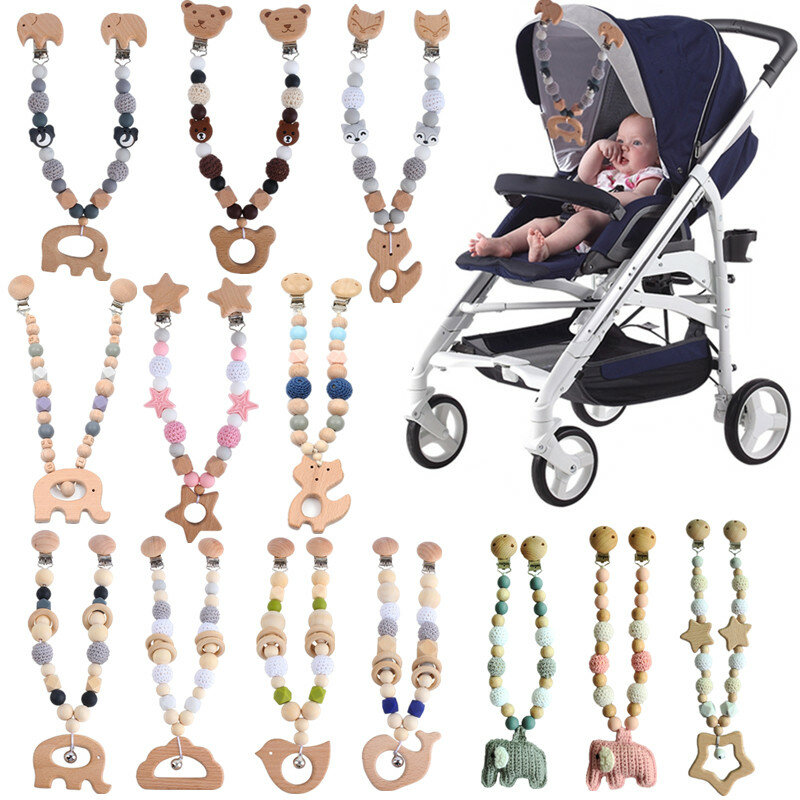 Wooden Baby Pram Clip Toys Baby Gym Hanging Pendants Toys Baby Stroller Rattle Bed Bell Mobile Rattles Silicone Beads Teething