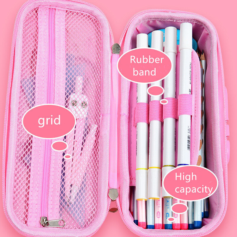 Caixas de lápis menina rosa bonito série 3d animais dos desenhos animados grande capacidade caixa de papelaria codificado bloqueio de escritório em casa escola saco de armazenamento