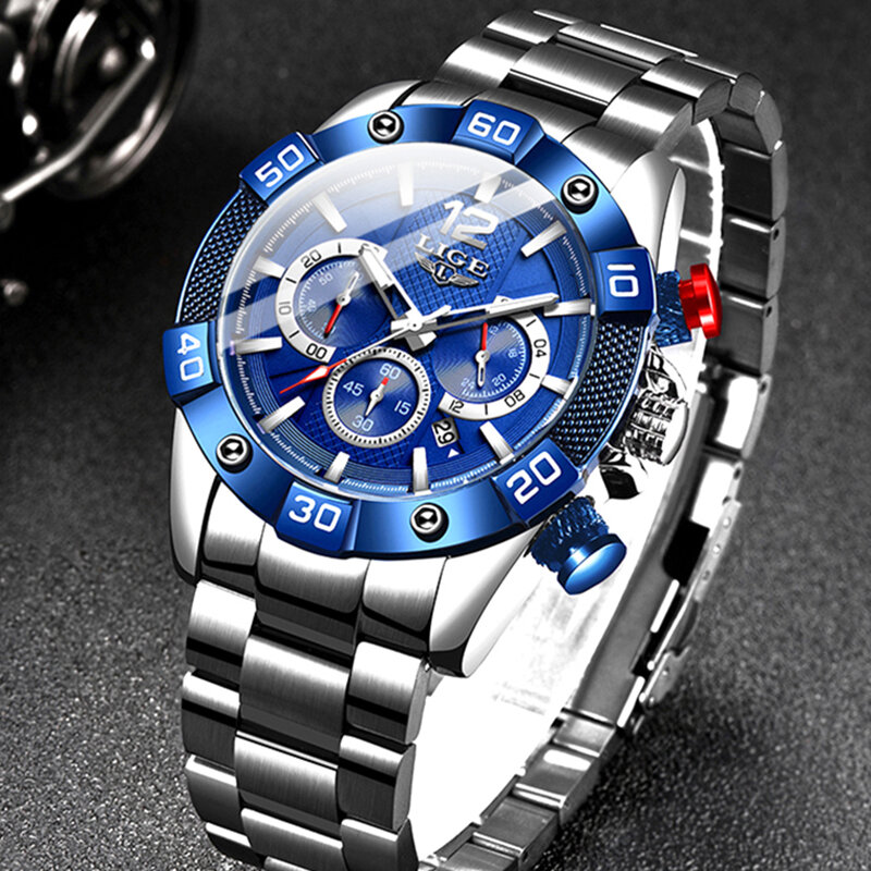 LIGE jam tangan olahraga pria, arloji Stainless Steel tahan air bercahaya, konograf merek unggulan Quartz mewah