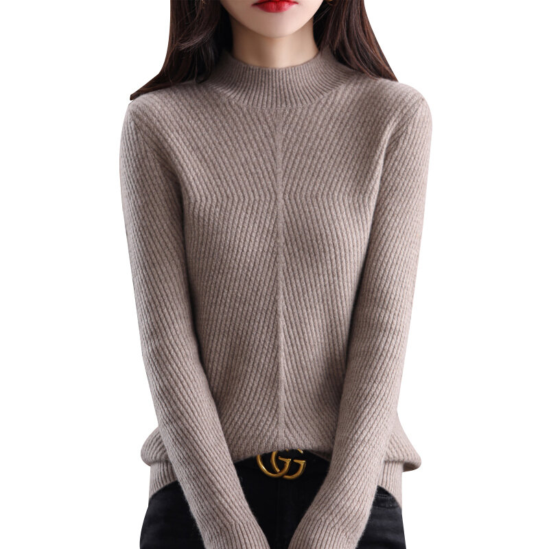 Sweater Kasmir Baru Musim Dingin Mode Semua Cocok Wol Murni Setengah Tinggi Sederhana dan Longgar Mencari Tipis Pullover Bottoming Kemeja Wanita
