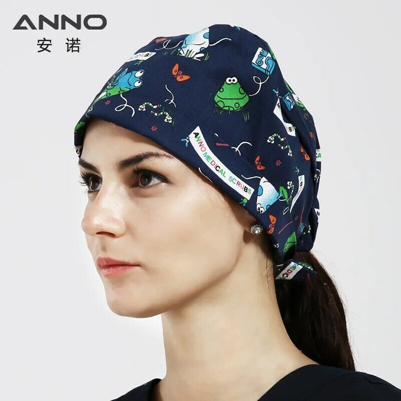 ANNO-면 스크럽 모자, 여성 병원 의사 간호사 작업 모자, 간호 모자, 짧은 또는 긴 머리, 동물 상자 인쇄