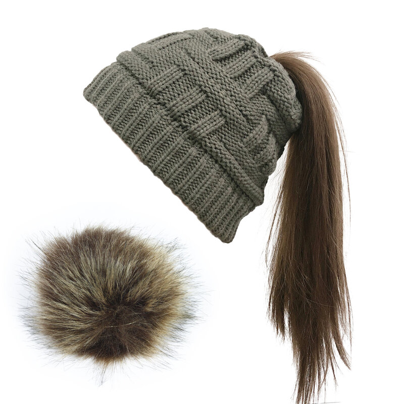 Bonnet à queue de cheval en cachemire solide, bonnet à tricot, Pom, haut à manchette, hiver