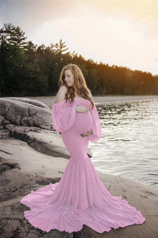 Sexy schulter freie Umstands kleider Fotoshooting Rüschen Schwangerschaft Maxi kleid schwangere Frauen Kleid Fotografie Requisiten Meerjungfrau Kleid