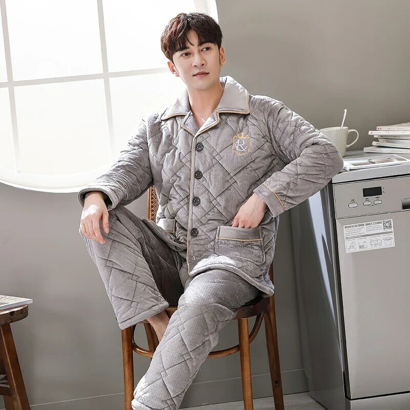 Winter Wadded Jacket Pajamas Men Thick Quilted Pajama Sets Casual Home Clothes Coral Fleece Sleepwear Men Clothing Pijama Hombre