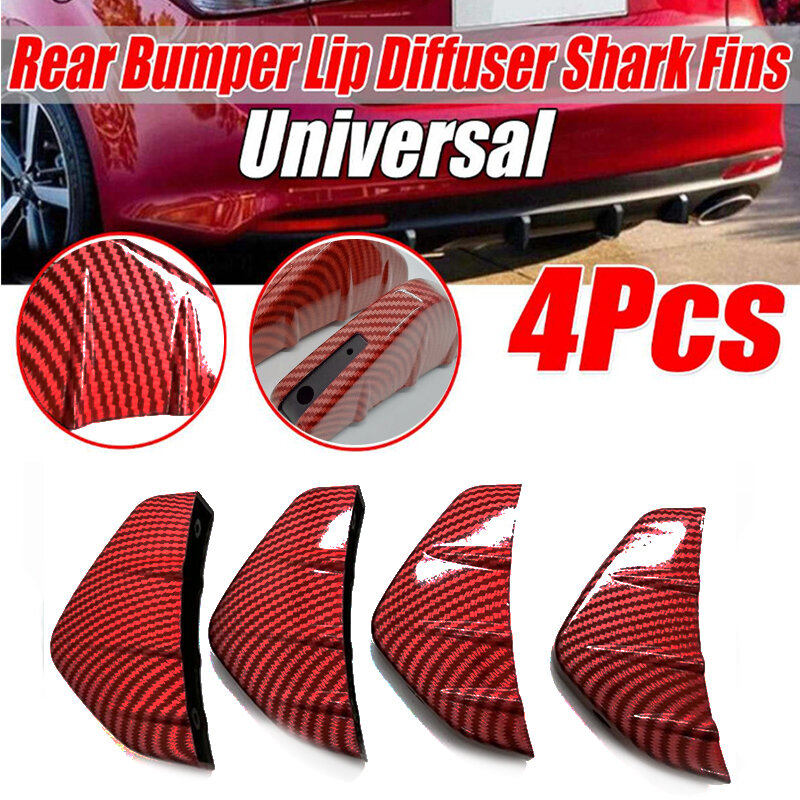 Difusor de labio de parachoques trasero de coche, aletas de tiburón de aspecto de fibra de carbono rojo Universal, 4 unids/lote
