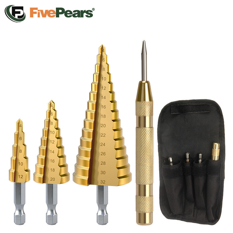 FivePears broca escalonada conica automatic center punch,kit brocas para metal multifuncionales
