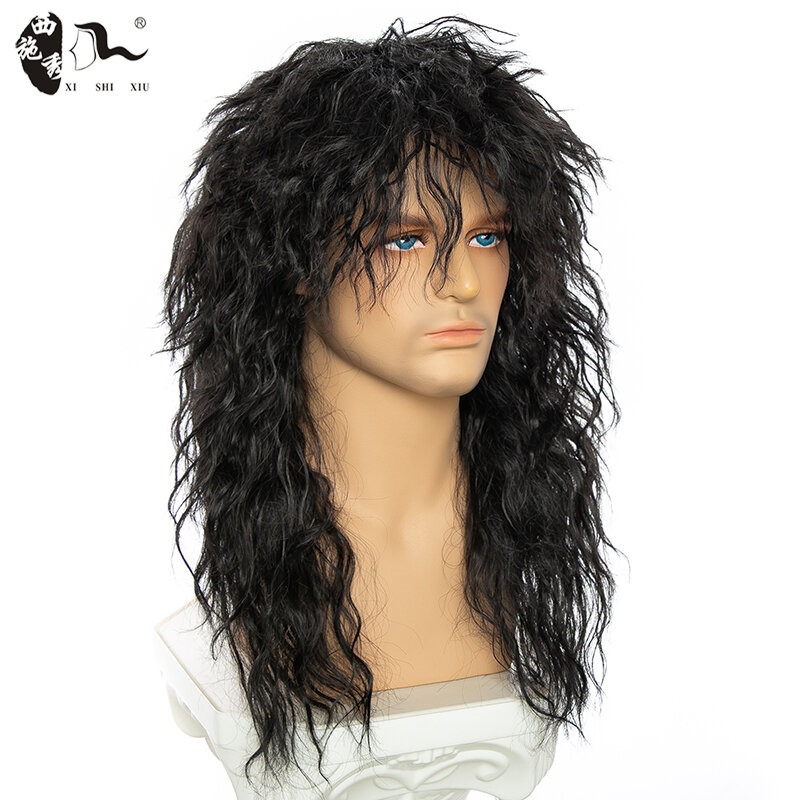 Wig sintetik rambut keriting Puffy hitam panjang abu-abu dengan poni untuk pria muda Wig Halloween batu klub malam Bar temperatur tinggi