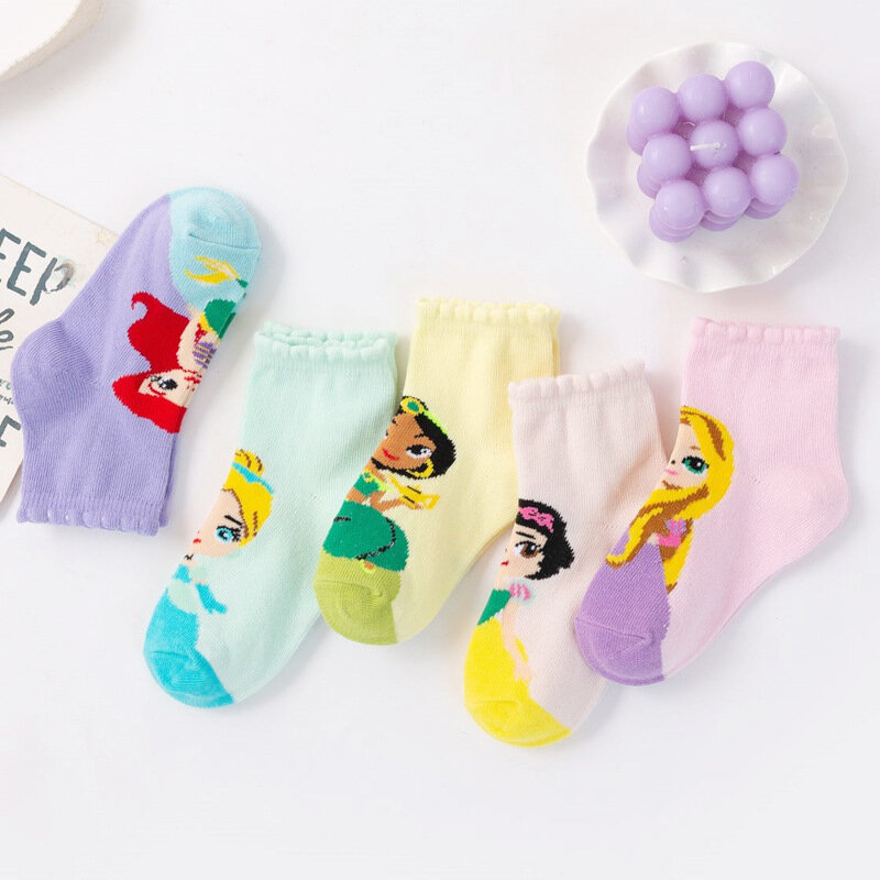 Chaussettes Disney en coton pour enfants, dessin animé, bébé, fille, princesse, blanc neige, sirène, drôle, mignon, 1-12 ans, 5 paires