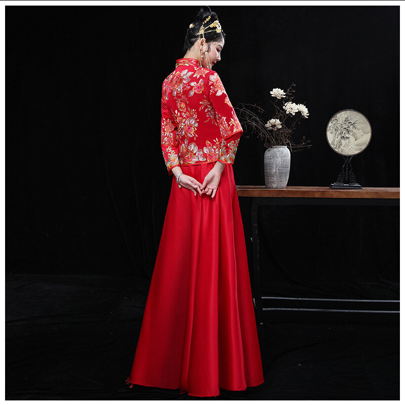 Vestido Cheongsam chino tradicional bordado para boda, elegante vestido de novia para Banquete de otoño