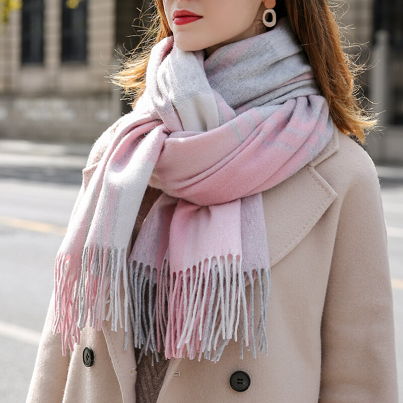 女性用ラムウールスカーフ,厚くて暖かいカシミヤスカーフ,チェッカー,パシュミナ,冬,100%