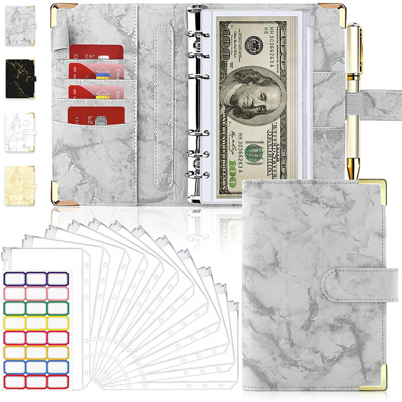 Carpeta de cuaderno de mármol de cuero PU A6, planificador de presupuesto, organizador de dinero para ahorro de efectivo con 12 bolsillos de sobre con cremallera y pegatinas