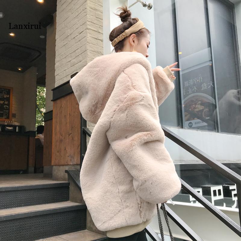 Mulher outono e inverno casaco de pele do falso moda feminina grande tamanho causal casaco com capuz