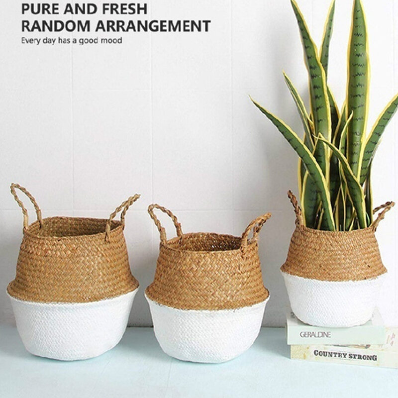 Handmade Woven Storage Basket Folding Clthoes Laundry Basket Straw Wicker Rattan Seagrass Belly Garden Flower Pot Plant Basket