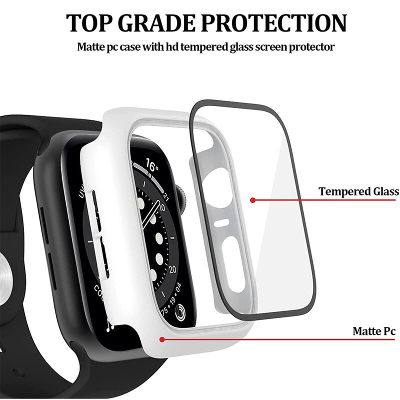 Verre + couvercle pour Apple Watch 7, coque de protection pour iwatch série 7 6 se 5 4 3 2, cadre mat rigide, 45mm 41mm 40mm 44mm